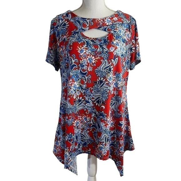 Sunny Leigh Floral Blouse Womens Large Red Blue Sharkbite Hem Tunic Cutout Neck - Picture 1 of 6